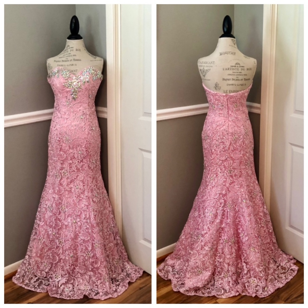 NEW TIFFANY DESIGNS SZ 4 PINK LACE JEWELED STRAPLESS FORMAL EVENING GOWN
